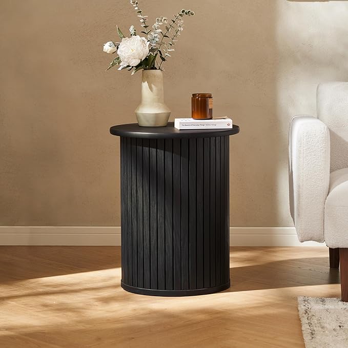 mopio Quin Pedestal Side Table, Tambour Round Fluted End Table, Small Accent Tables for Living Room, Mid Century Modern Night Stand, Circle Bedside Tables, Wood Nightstands for Bedroom (Black Oak)