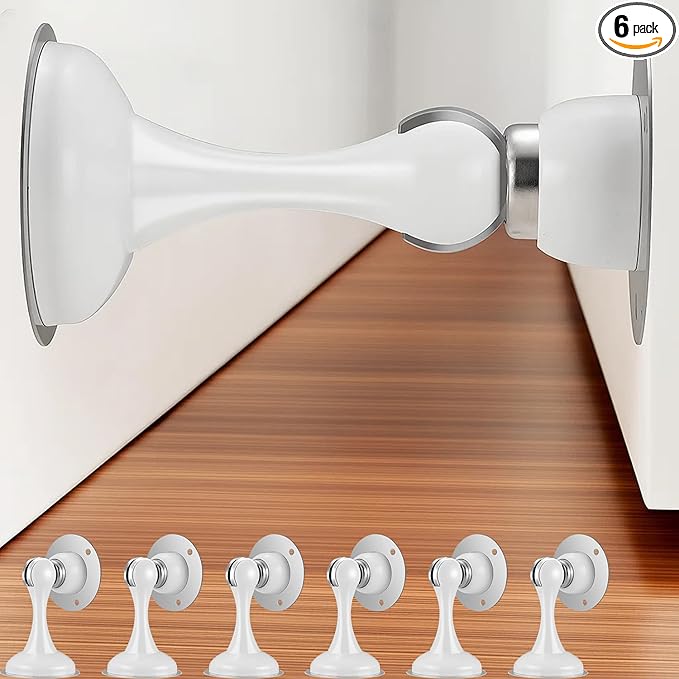 6 Pack Magnetic Door Stop No Drilling Door Stop with 3D Adhesive Tapes Keep Door Open Door Stainless Steel Screws for Stronger Mount (White)
