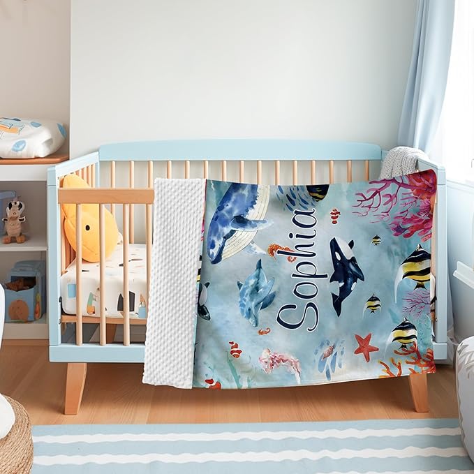 Custom Baby Blanket - Ocean Animals Theme Personalized Name Blanket for Boys Girls, Soft Infant Toddler Blanket with Whale and Dolphin, Customizable Nursery Bedding (47" x60)
