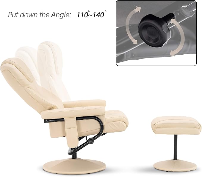 MCombo Recliner with Ottoman, Reclining Chair with Massage, 360 Swivel Living Room Chair Faux Leather, 4901 (Cream White)