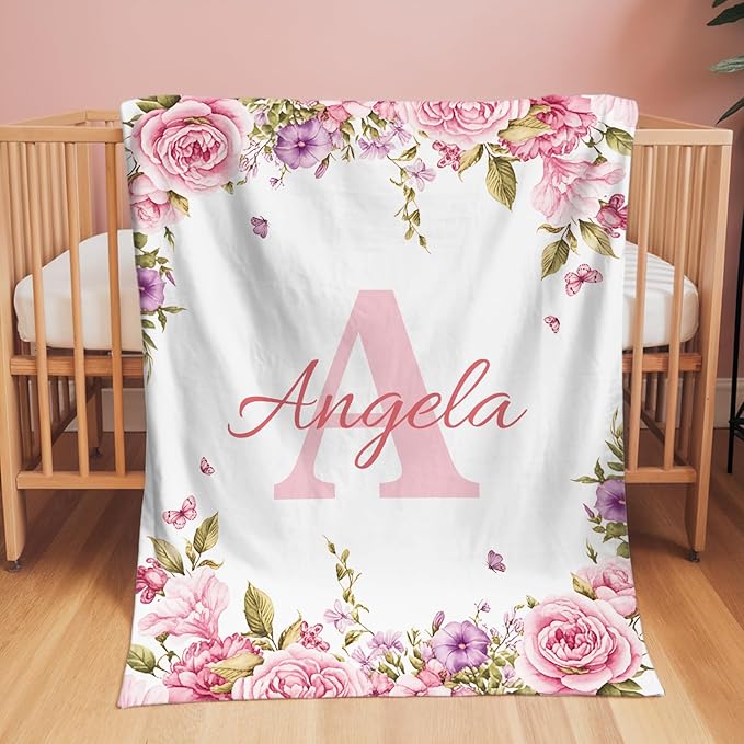 Ships from The US, Personalized Baby Blankets for Girls, Custom Baby Blanket for Kids Soft Flanne Blankets in Easter Personalized Baby Gifts for Infant Newborn Shower (Rose Pink)