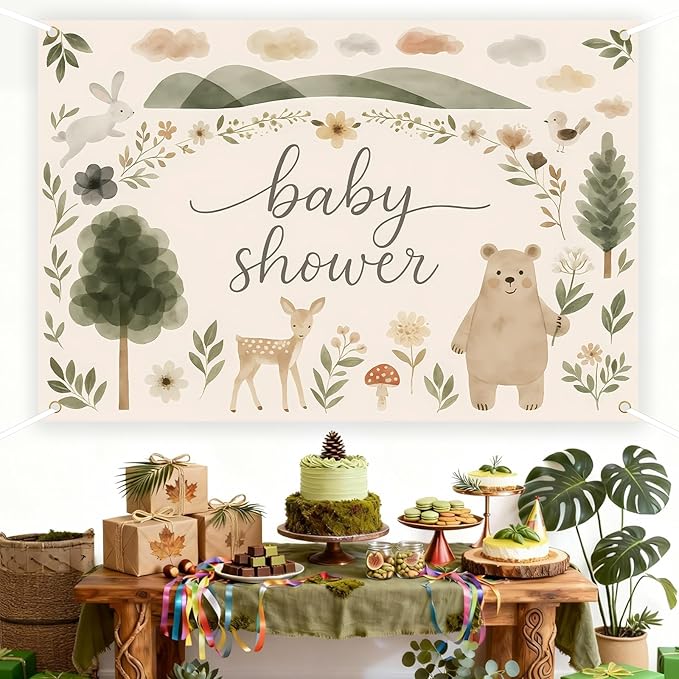 Woodland Baby Shower Backdrop Woodland Creature Baby Shower Decorations Rabbit Deer Bear Forest Animals Nature Party Banner for Jungle Safari Rustic Animals Gender Reveal Photo Props 5 * 3ft