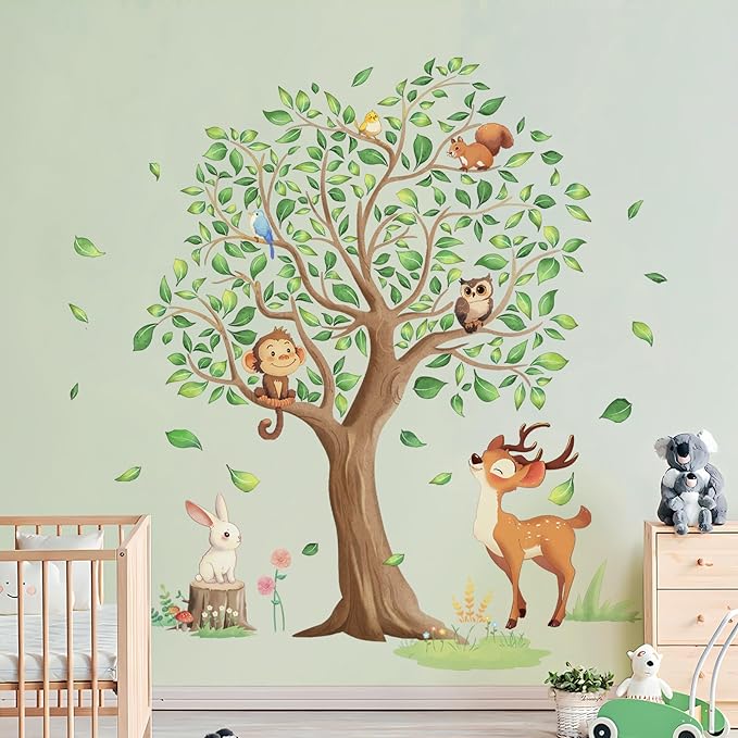 Tanlaby Jungle Animals Large Tree Wall Stickers Cartoon Animal Monkey Deer Wall Decals Peel and Stick Art Decor for Baby Nursery Kids Bedroom Playroom Toddler Room (H: 54 in)
