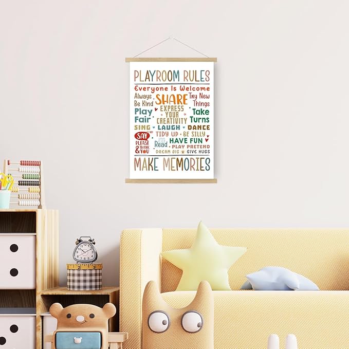 Qswo Playroom Rules Wall Art Poster Hanger Frame,Play Room Hanging Canvas Wall Decor for Kids Nursery School