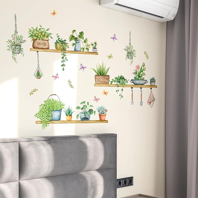 Green Wall Decals: Tropical Vine Plant Potted Stickers with Butterfly & Flower Designs - Ideal for Living Room, Bedroom & Office