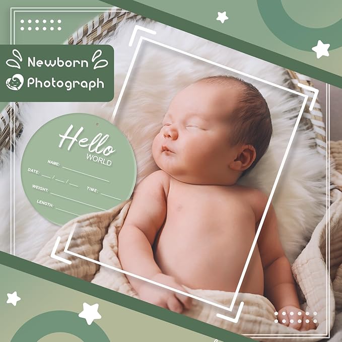 Baby Announcement Sign, 6.7 Inch Hello World Newborn Sign, Thickness Upgrade Birth Announcement Sign for Hospital, Nursery Baby Shower (Green)