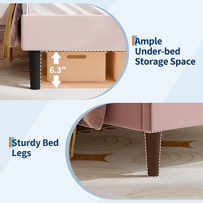 Twin Princess Bed Frame for Girls with LED Lights & Heavy-Duty Bed Leg Supports - Pink Velvet Upholstered Cat Headboard Platform Bed - Enhanced Stability, No Box Spring Needed, App/Remote Control