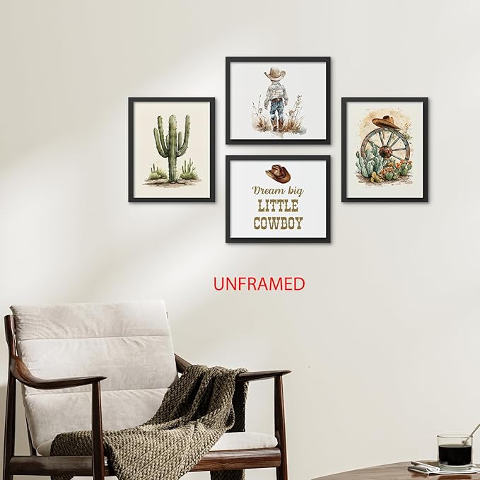 Hxlac Western Cowboy Nursery Wall Art Prints Set of 4 UNFRAMED - Western Wall Decor for Toddler Baby Boy Room, Cowboy Nursery Decor, Boy Room Pictures Wall Decor (8x10 Inches)
