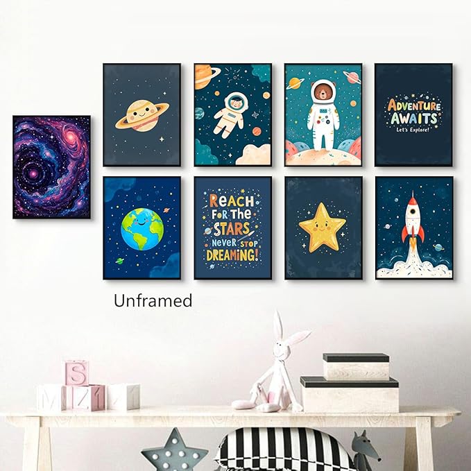 9 Pieces Outer Space Theme Nursery Canvas Wall Art, Charming Bear Astronaut Planets Rocket Poster for Kids Room, Baby Boys Playroom Bedroom Stars Cosmos Picture Print 12x16in Unframed