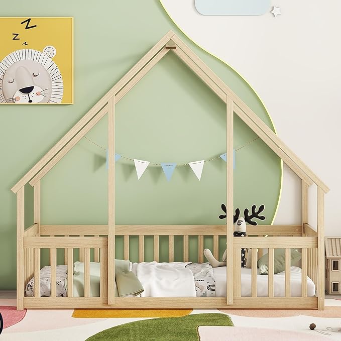 Bellemave Twin Size Wood House Bed Frame for Kids, Montessori Floor Bed with Fence, Playhouse for Girls and Boys, Natural