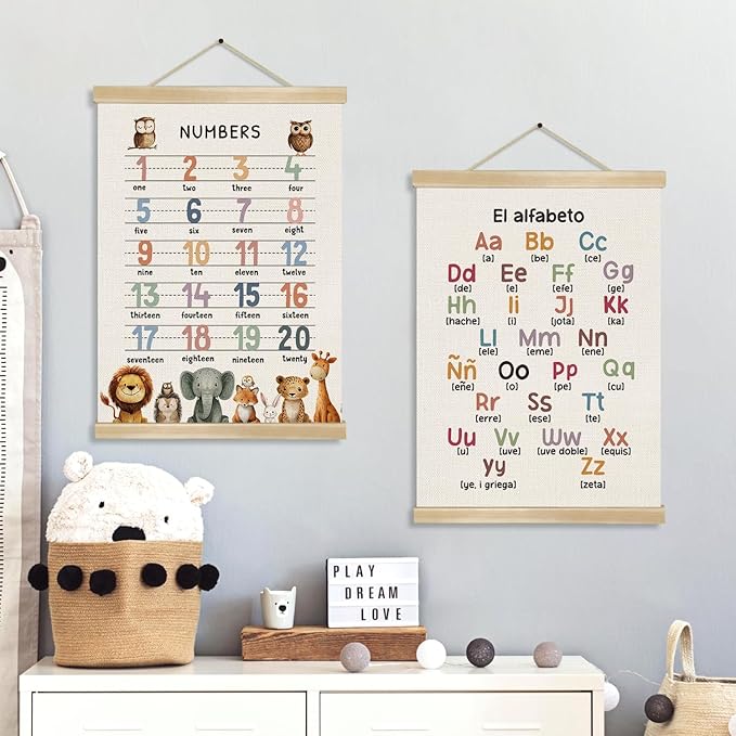 1–20 Number Chart and Alphabet Poster Set of 2,Education Linen Canvas Wall Art – 1-20 Educational Homeschool,Preschool Poster for Kids’ Room, Nursery, or Playroom Wall Decor,14x18.5 Inches (ABC&123)