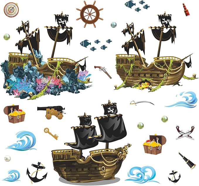 4 Sheet Pirate Ship Wall Sticker Shipwreck Wall Decal DIY Self-Adhesive Waterproof Waves Treasure Fish Hook Pearl Coral Reef Wall Art Decoration for Bathroom Kids Boys Bedroom Playroom Nursery
