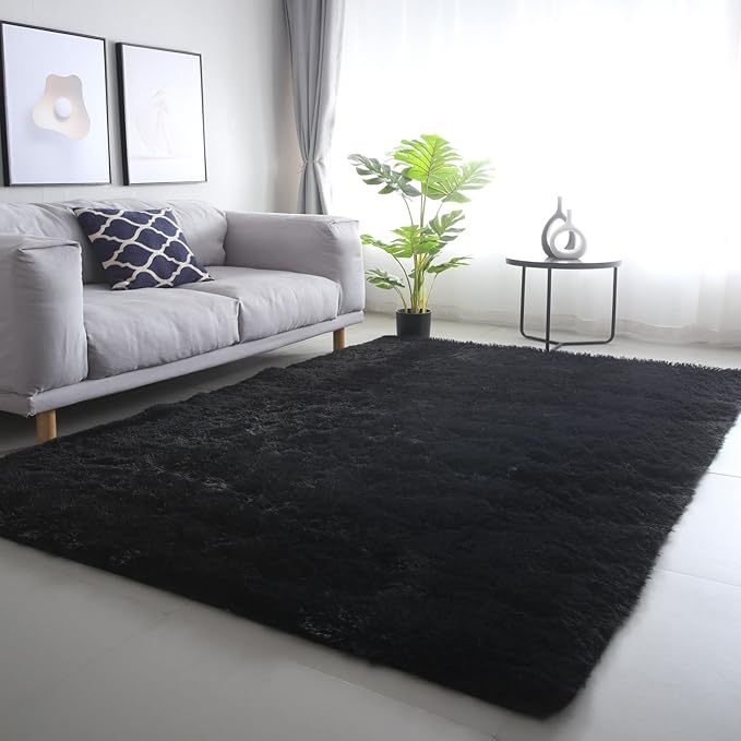 CAIYUECS Shag Area Rug,Indoor Ultra Soft Plush Rugs for Bedroom Living Room, Non-Skid Modern Nursery Faux Fur Rugs for Kids Room Home Decor (3x5 Feet, Black)
