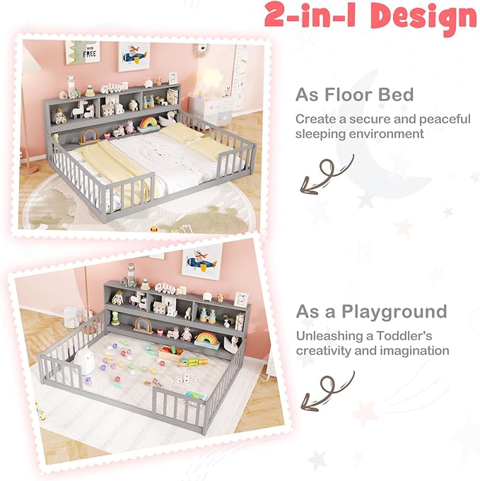 KOMFOTT Full Floor Bed with Bookcase & Shelves, Wood Bed Frame with Bedside Bookshelves & Guardrails, Versatile 2-in-1 Montessori Floor Bed for Kids (Grey)