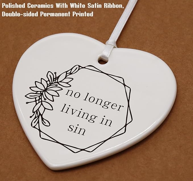 Heart Shaped Christmas Ornament-Funny Engagement Wedding Gift for Bride Newly Engaged Bride to Be Bachelorette Party Anniversary Keepsake No Longer Living in Sin with Gift Box