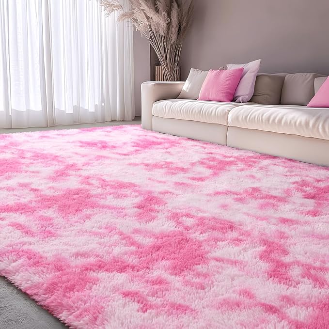 EVOIONOS Area Rug for Bedroom Living Room, Machine Washable 4x6 Fluffy Shag Rug, Soft Plush Non Slip Carpet for Indoor Floor Bedside Nursery Girls Kids Room Dorm, Home Decor Aesthetic, Tie-Dyed Pink