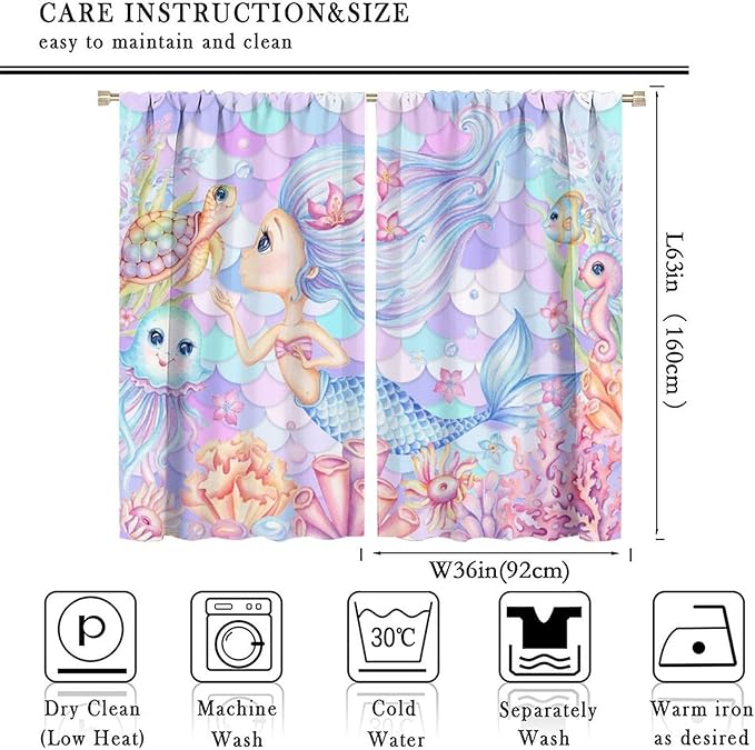Fantasy Mermaid Curtain Dream Cartoon Marine Organisms Turtle Coral Ocean Theme Dream Blackout Window Treatment for Kids Girls Bedroom Nursery Room Decor Rod Pocket Window Drapes 72x63in