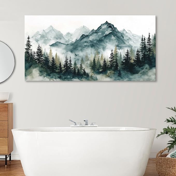 Nature Landscape Wall Art for Living Room, Foggy Forest Mountains Canvas Painting Green Blue Modern Farmhouse Wall Decor for Bedroom, Watercolor Woodland Scenery Prints Artwork Home Decoration 28"x58"