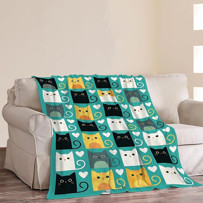 Cute Cat Throw Blanket Lovely Kitten Pattern Fleece Blanket Soft Cozy Fuzzy Plush Warm Stuff Bedding Blankets Gifts for Kids Toddler Cat Lover Boys Girls Kids Adult Men Women 50"X60"