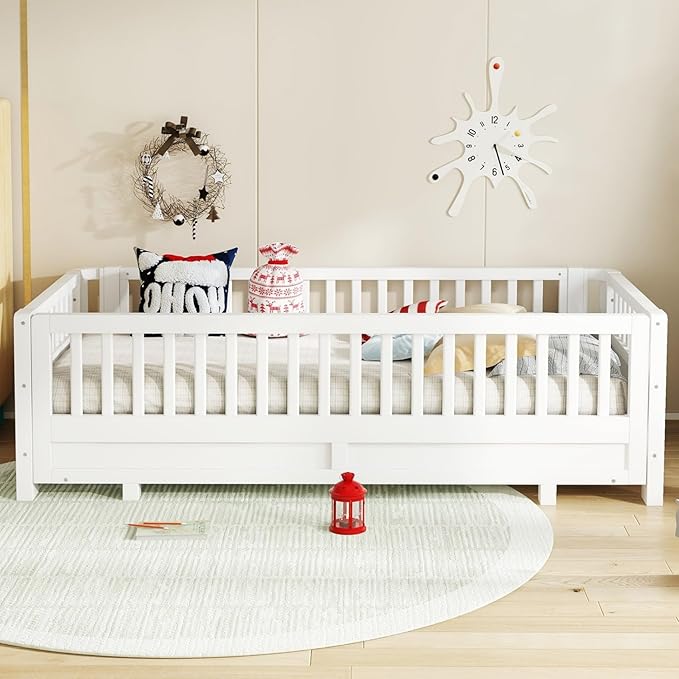 KEIKI Solid Wood Expandable Twin XL Size Floor Bed for Kids with Guardrails, Can Be Converted into a Queen Bed Platform, Montessori Low Profile Bedframe Daybed for Girls Boys, No Box Spring Needed