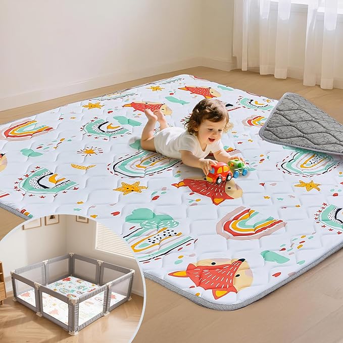 Baby Play Mat for Floor,50x50 Inch Soft Foam Padding Crawling Mat for Playpen, Foldable and Machine Washable, Thick for Babies & Toddlers,Rainbow Fox