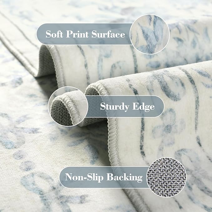 Wonnitar Bow Print Area Rug for Living Room, Ultra-Thin Blue 8x10 Washable Rug, Non Slip Soft Boho Floral Aesthetic Indoor Decor Carpet for Boys Playroom Dining Room Office