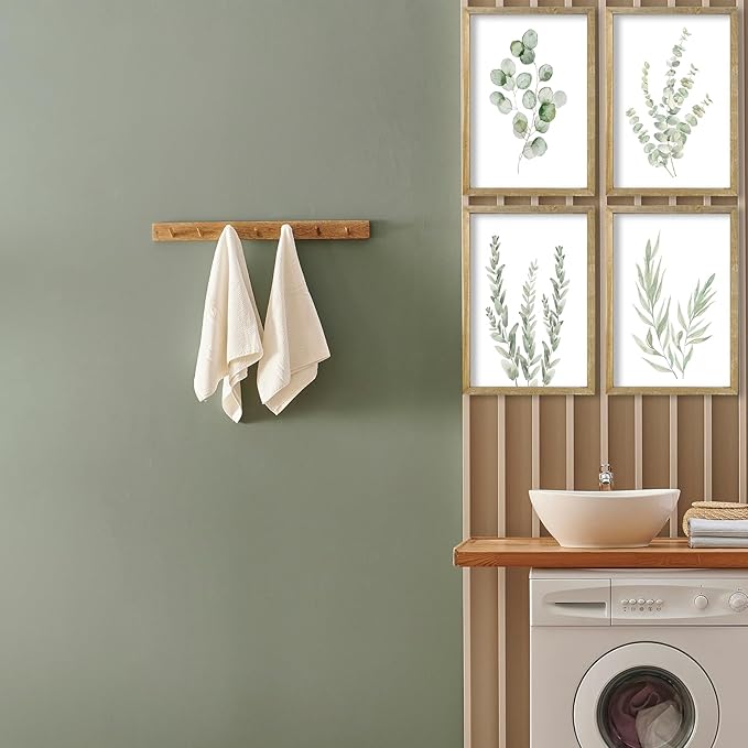 Botanical Wall Decor Sign 16x11 Inch Set of 4 Sage Green Plants Wood Framed For Bathroom Modren Bedroom Aesthetic Watercolor Laundry Room Art Wall Hanging (Wood)