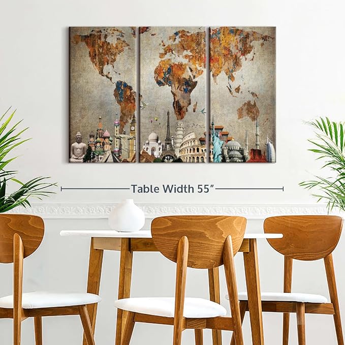 ElephantStock Rusty World Map Multi Piece Canvas - 3 Piece Canvas Wall Decor - Wall Decor - Ready-to-Hang Print - Vintage World Map Wall Art - 50" X 32"