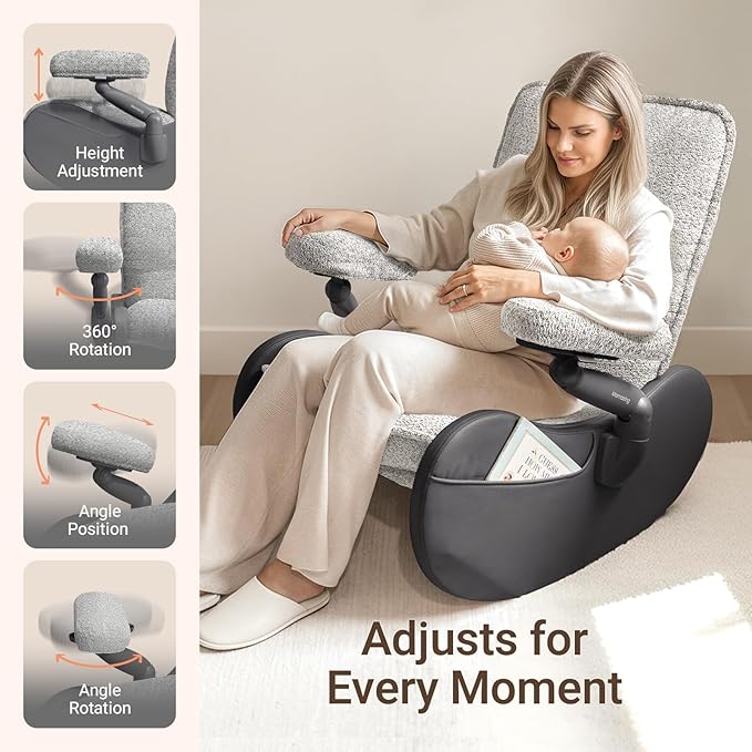 MAMAZING Nursery Rocking Chair Glider with Ottoman for Breastfeeding, Upholstered Nursing Chair with Removable Cover for Mom and Baby, Reading Chair for Bedroom, Living Room(Black/Grey)