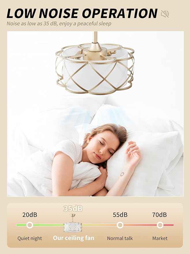 20" Gold Fandelier Ceiling Fan with Light, Fabric Boho Chandelier Ceiling Fans with Lights Remote Control, Mid-Century Modern Caged with 6 Speeds for Bedroom, Nursery
