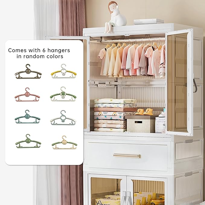 Portable Kids Wardrobe Closet with Doors, Plastic Baby Wardrobe Storage Cabinet with Hanging Rod Children's Clothes Closet Costume Storage Organizer (1 Pack)