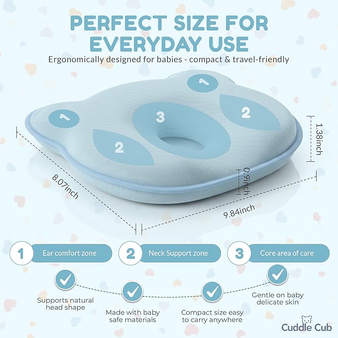 Baby Pillow for Newborns 0–12 Months – Memory Foam Head Shaping Pillow for Flat Head Prevention – Breathable Ergonomic Support with Washable Cotton Cover