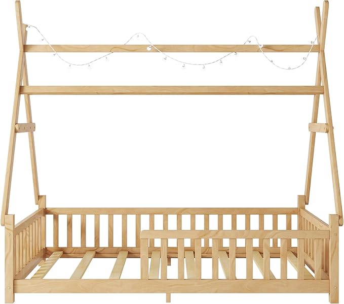 Twin House Bed with Roof & LED Light, Low Profile House Bed with Fence, Safe Guardrails, DIY-Friendly for Boys & Girls, Solid Wood & MDF Construction, No Box Spring Required, Natural