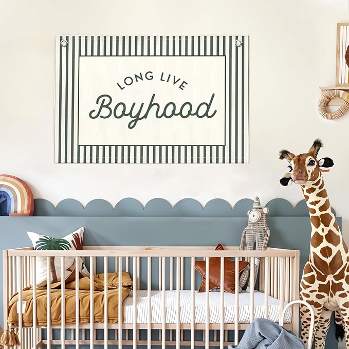Lacama Vintage Green Long Live Boyhood Boys Room Decor, Boy Nursery Decor, Linen Banner Wall Hanging Canvas Banner Flag Decor for Toddler Boy Room Nursery 30x20 Inch