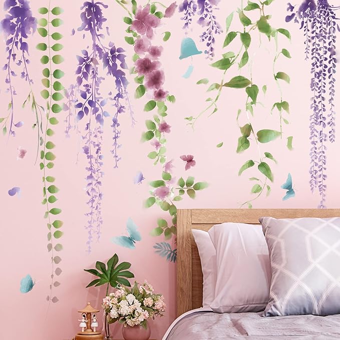 Amaonm 3D Removable Hanging Purple Blue Flowers With Green Leaves Wall Stickers Murals DIY Peel and Stick Flower Vines Floral Wall Decal for Home Wall Corner Kids Bedroom Living Room Nursery Decoration (A)
