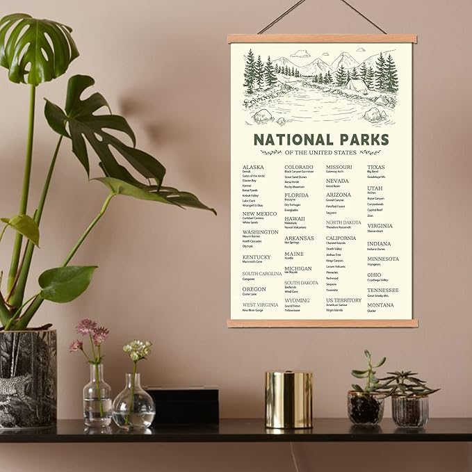 KAIRNE US National Park Checklist Poster,Park Posters for Travel Sign With Wooden Hanging Framed(28CMx46CM),Inspirational Rustic Decor,National Park Map Posters Gift for Hiker or National Park Lover