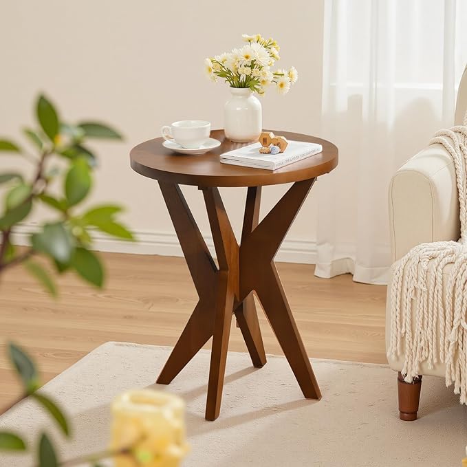 Mid-Century Modern Round End Table Set of 2, Walnut Brown Farmhouse Side Tables with MDF Top and Crossed Legs for Living Room, Bedroom, or Small Spaces