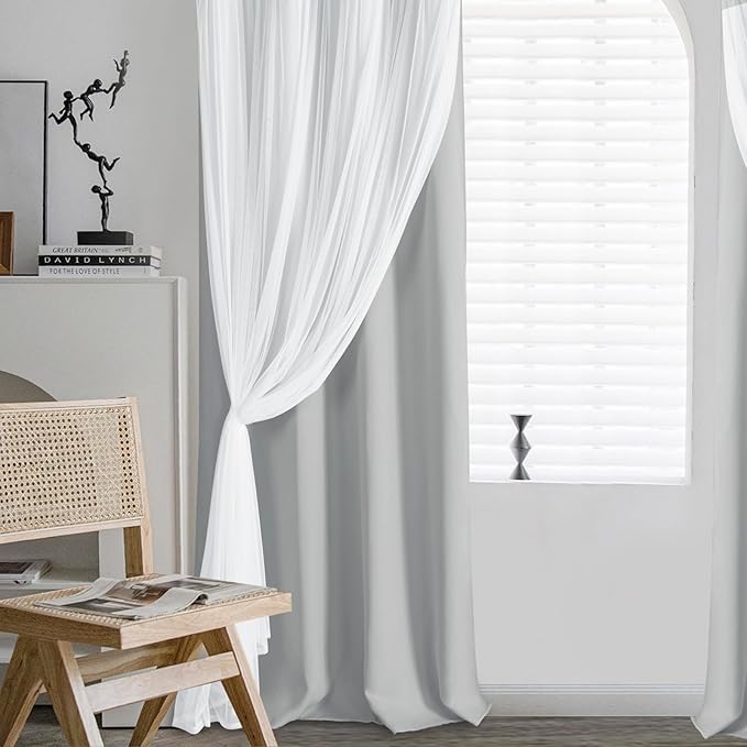 DWCN Layered Curtains for Living Room Blackout and Sheer Curtains Grommet Top Window Treatments with Sheer Overlay for Bedroom, 52 W by 96 L, Cloud Grey, 2 Pieces