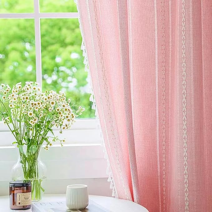 Deeprove Pink Boho Curtains for Kids Room Girls Nursery Room, Pretty Princess Theme Home Decoration Privacy Protection, Bohemian Semi-Blackout Light Filter Window Tassel Drape (1 Panel,52" x 90")