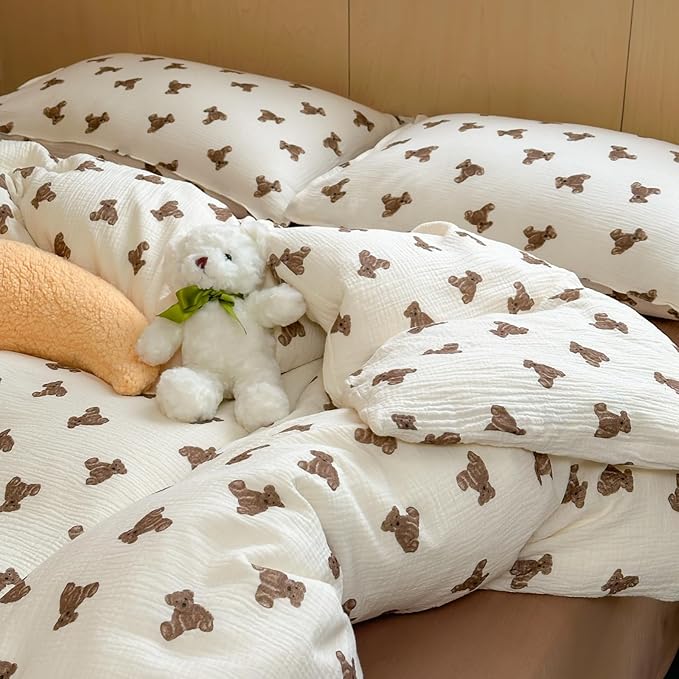 AOJIM 2-Layer Muslin Kids Adults Duvet Cover 1 Piece, Super Soft Cotton Bedding Duvet Cover with Cute Brown Bears Pattern for Girls and Boys, Breathable Durable Comforter Cover 79X90'', Room Decor