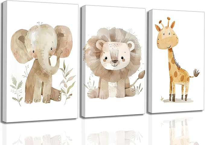 UNDDISINS 3 Pcs Animal Nursery Canvas Wall Art Watercolor Baby Animals Painting Picture Wall DecorCute Elephant Giraffe Lion Nursery Paintings Artwork for Kids Room Baby Girl Room Home Decoration