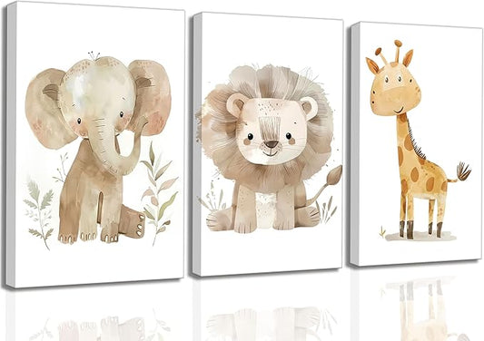UNDDISINS 3 Pcs Animal Nursery Canvas Wall Art Watercolor Baby Animals Painting Picture Wall DecorCute Elephant Giraffe Lion Nursery Paintings Artwork for Kids Room Baby Girl Room Home Decoration