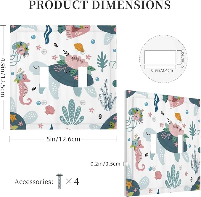 Underwater Floral Turtle Animal 2 Gang Light Switch Plate Cover Double Toggle Wall Plate Decorative Switchplate Electrical Faceplate for Nursery Kidsroom Bedroom Decor