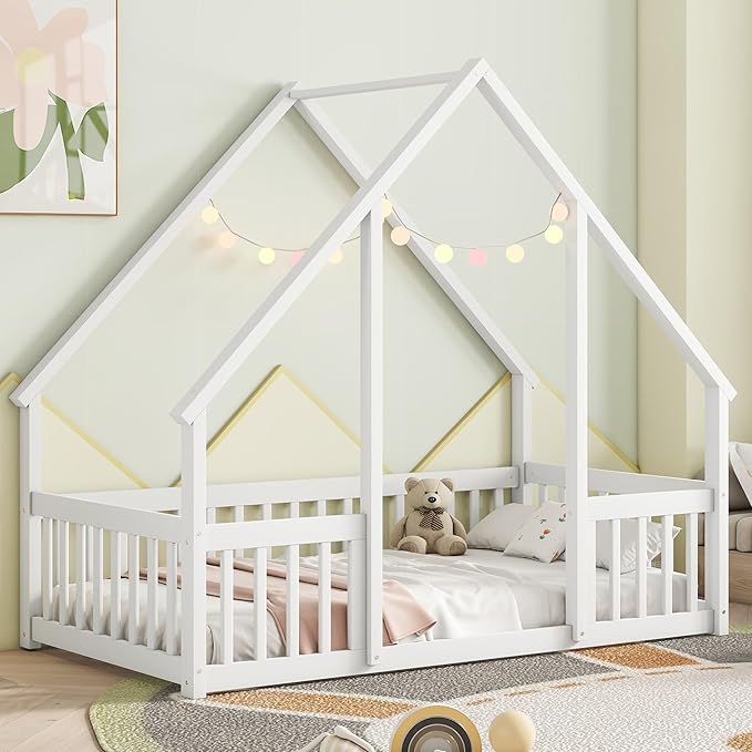 Bellemave Twin Floor Bed for Kids, Girls, Boys, Wood House Bed Frame, House Floor Bed for Kids, Twin Size Montessori Floor Bed with Fence, Playhouse, White