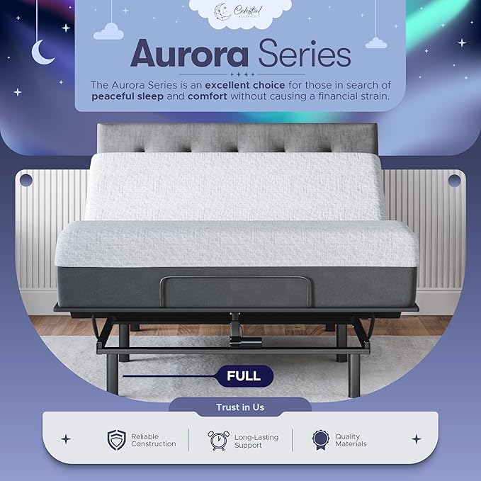 Celestial Sleep Aurora Adjustable Bed Base (Frame) + 12 inch Gel Memory Foam Mattress (Medium Soft), Easy Assembly, Head and Foot Lift, Zero Gravity, Memory Positions, CertiPUR-US Bed - Full