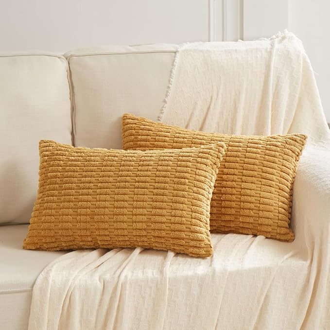Fancy Homi 2 Packs Mustard Yellow Lumbar Decorative Throw Pillow Covers 12x24 Inch for Living Room Couch Bed, Rustic Farmhouse Boho Home Decor, Soft Striped Corduroy Rectangle Cushion Case 30x60 cm