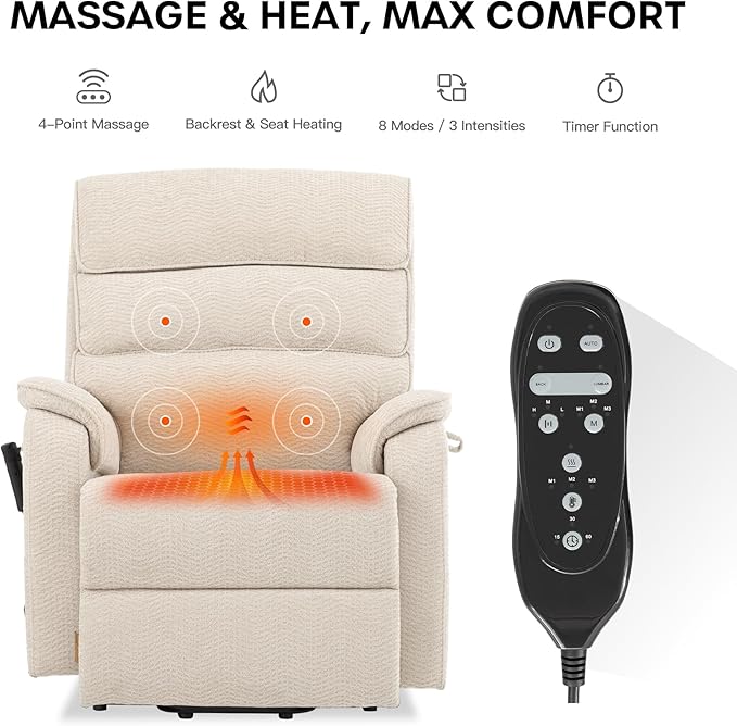 DYNOX 400 lbs Big & Tall Power Lift Recliner Chair for Elderly, Oversized Wide Dual Motor Lay Flat Infinite Positions Recliner with Heat and Massage(9298W,Chenille,Beige)