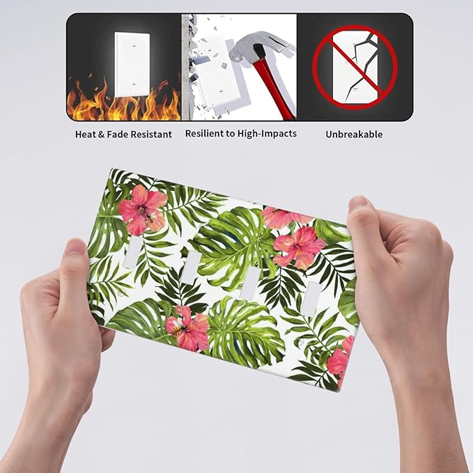 Tropical Plant Green Palm Quad Toggle Wall Plate Covers Decorative 4-Gang Wall Plates Banana Leaves Pink Flower Rainfores Jungle Botanical Electrical Switchplate for Bathroom Bedroom Kitchen Decor