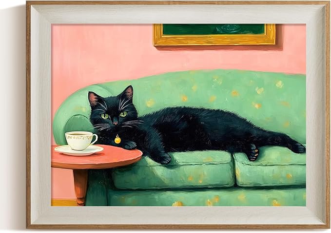 ARPEOTCY Framed Canvas Wall Art, 12x16 Inch Black Cat on Green Sofa Vintage Print, Whimsical Animal Art for Living Room, Bedroom, or Bathroom Wall Decor