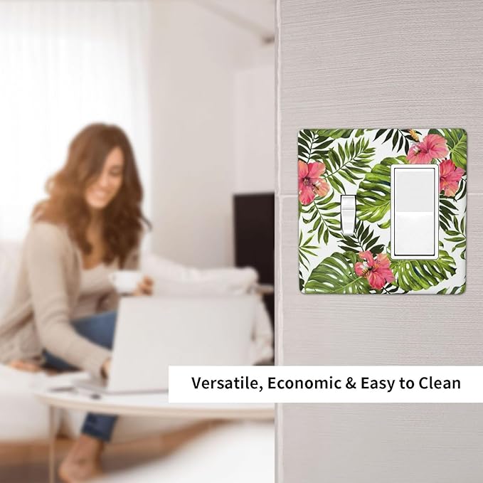 Tropical Plant Green Palm 2 Gang Light Switch Cover Decorative Combination Wall Plate Banana Leaves Pink Flower Rainfores Jungle Botanical Single Toggle Rocker Electrical Faceplate for Kitchen Home